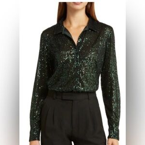 Open Edit NWT Green Sequin Long Sleeve Top